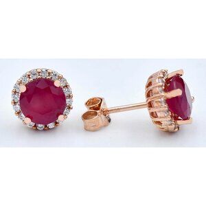 Genuine 3.28 Cts Ruby & W/Sapphires Stud Earrings 14k Rose Gold Plated (.925)